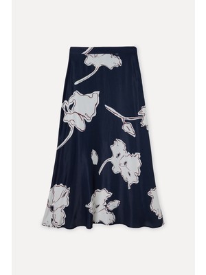 Mudo Kadın Lacivert Floral Desenli A Form Midi Etek