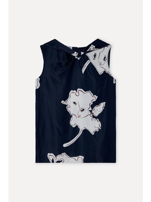 Mudo Kadın Lacivert Floral Desenli Yaka Detaylı Kolsuz Bluz