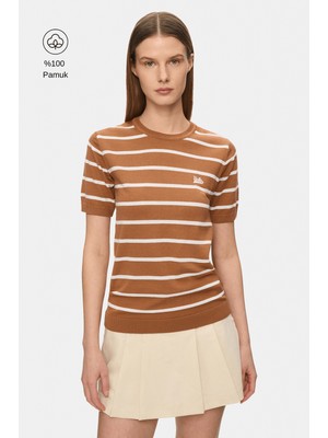 Ucla Mısha Kahve Çizgili Bisiklet Yaka Triko Nakışlı %100 Pamuk Standard Fit Kadın Tshirt