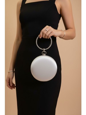 Enoch Kadın Saten Dokulu Işıltılı Taşlı Halka Saplı Yuvarlak Abiye El Çantası