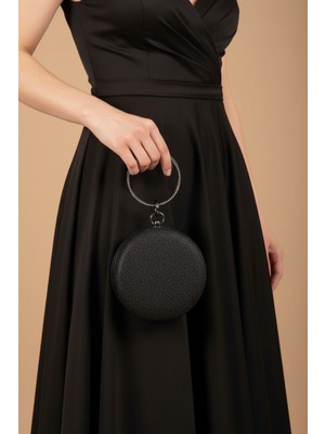 Enoch Kadın Saten Dokulu Işıltılı Taşlı Halka Saplı Yuvarlak Abiye El Çantası