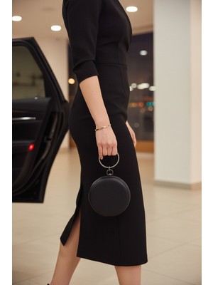 Enoch Kadın Saten Dokulu Işıltılı Taşlı Halka Saplı Yuvarlak Abiye El Çantası