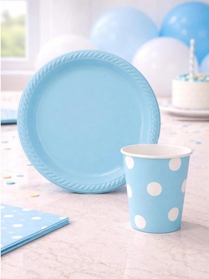 Parti Adresi Mavi Plastik Tabak & Karton Bardak Seti – Doğum Günü Parti Malzemesi 24'lü 