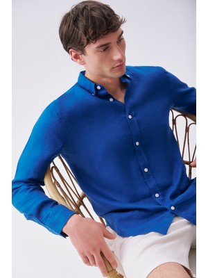 Mudo Erkek Kahverengi Slim Fit Uzun Kollu Keten Gömlek
