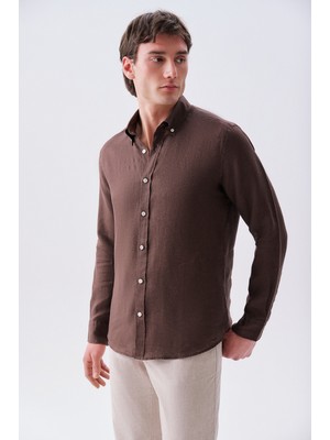 Mudo Erkek Kahverengi Slim Fit Uzun Kollu Keten Gömlek