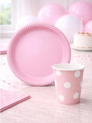 Parti Adresi Pembe Plastik Tabak & Karton Bardak Seti – Doğum Günü Parti Malzemesi 24'lü 