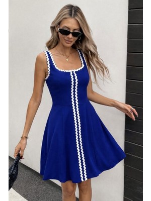 Flamex Kadın Askılı Yuvarlak Yakalı Şerit Desenli Kısa Kiloş Elbise