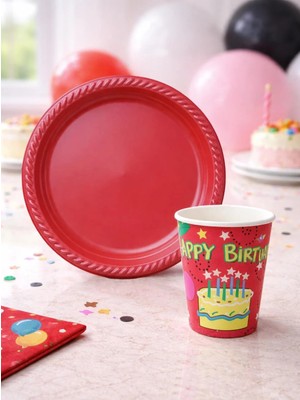 Parti Adresi Kırmızı Plastik Tabak & Karton Bardak Seti – Doğum Günü Parti Malzemesi 24'lü 