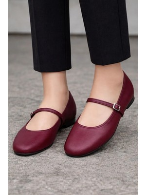 Redtan Kadın Babet Bordo Bantlı Kemerli Hafif Rahat Şık Iş Ofis Günlük Ayakkabı