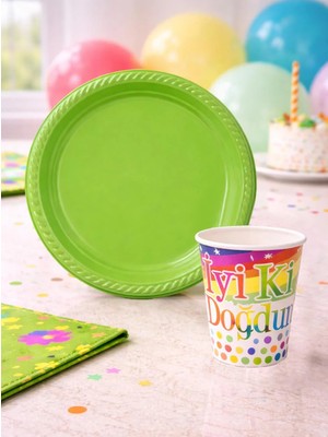 Parti Adresi Yeşil Plastik Tabak & Karton Bardak Seti – Doğum Günü Parti Malzemesi 24'lü 