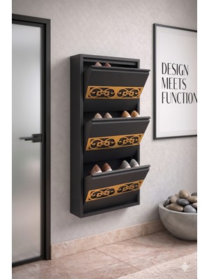 Tomkar  3'lü Antrasit Gold Pleksi Desenli Metal Ayakkabılık-Kilitli