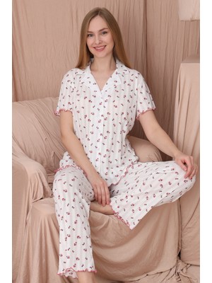 Wordex Mrn 1703 Güllü Pointel Ince Kumaş Düğmeli Kısa Kollu Kadın Pijama Takımı