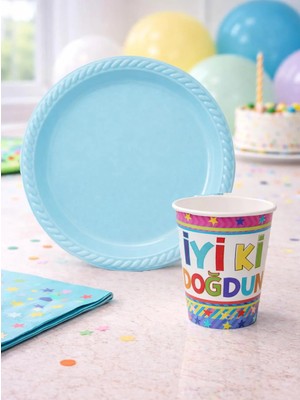 Parti Adresi Mavi Plastik Tabak & Karton Bardak Seti – Doğum Günü Parti Malzemesi 24'lü 