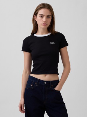 Gap Kadın Siyah Ribbed Gap Logo Baby Crop T-Shirt