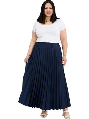 Disentis Modest Büyük Beden Beli Lastikli Pileli Uzun Lacivert Etek