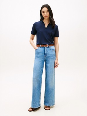 Tommy Hilfiger Lyocell Pıque Open-Nk Ss Polo Kadın Mavi Polo - WW0WW48720