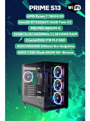 Game Garaj Prime S13 Amd Ryzen 7 7800X3D 32GB RAM 1TB SSD RTX5060Ti 240MM Sıvı Soğutma Freedos Oyuncu OEM Paket