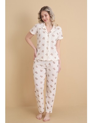 Wordex Mrn 1707 Ayıcık Desenli Pointel Ince Kumaş Düğmeli Kısa Kollu Kadın Pijama Takımı