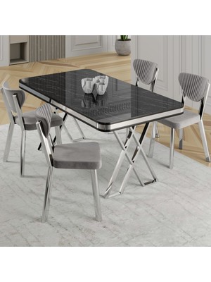 Canisa Raja Serisi 80X130 Lak Panel Siyah Mermer Desen Masa Takımı Krom Ayaklı 4 Sandalye