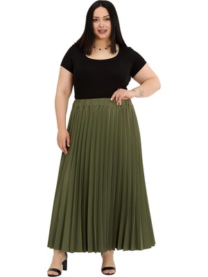 Disentis Modest Büyük Beden Beli Lastikli Pileli Uzun Haki Etek