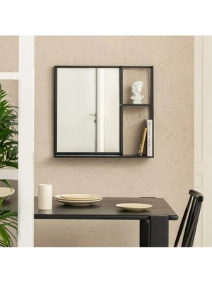 Merzana Modern Metal Çerçeveli Duvar Aynası ve Raflı Dekoratif Ayna – Çok Amaçlı Banyo & Antre Aynası