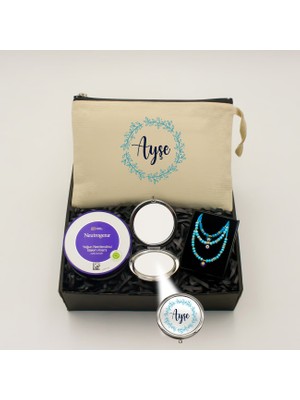 As Gift Kişiye Özel  Kanvas Makyaj Çantası& Ayna &neutrogena Bakım Kremi & Kolye &bileklik & Halhal Hediye Seti