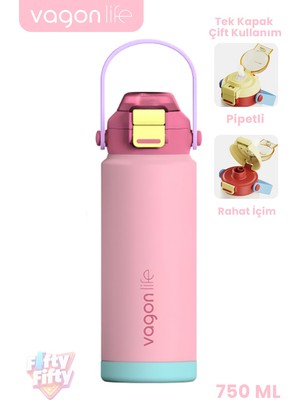 Vagonlife 750 ml Tek Kapak Çift Kullanım Pipetli Rahat Içim Kulplu Paslanmaz Çelik Termos FF1108-750ML