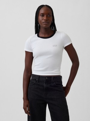 Gap Kadın Beyaz Ribbed Gap Logo Baby Crop T-Shirt