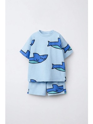 Magu Erkek Çocuk Pamuklu Köpek Balığı Desenli T-Shirt Şort Takım