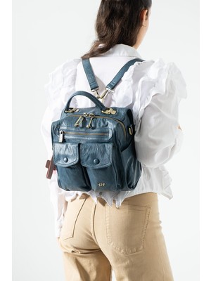 571 Collections Çanta Yıkanmış Deri Çok Fonksiyonlu Sırt, Omuz, ve El Çantası Mavi (Model: 571-17T)