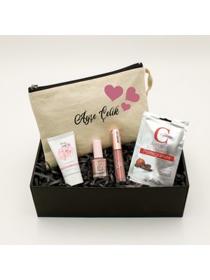 As Gift Kişiye Özel Kanvas Makyaj Çantası & El Kremi & Pastel Oje & Likit Ruj & Kil Maskesi