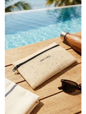 Ocean Home Textile Termal Astarlı Naturel Renk Jüt Keten Makyaj Çantası 22 x 14 cm Seyahat İçin
