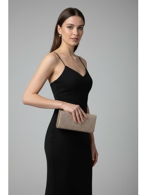 Enoch Kadın Sim Dokulu Kristal Taş Işlemeli Gold Çerçeveli Minimalist Abiye Portföy Çanta