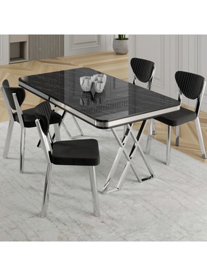 Canisa Raja Serisi 80X130 Lak Panel Siyah Mermer Desen Masa Takımı Krom Ayaklı 4 Sandalye