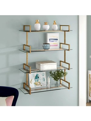 Merzana Gold Çerçeveli Cam Raflı Duvar Rafı – Modern ve Lüks Dekoratif Raf Sistemi - Metal Kitaplık