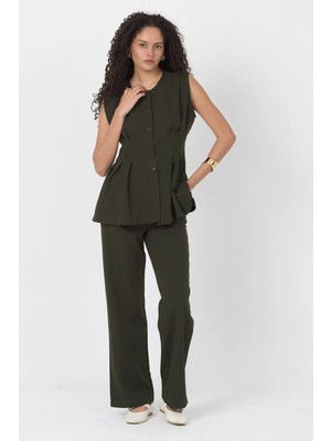 Diemmood Kadın Pilise Detaylı Haki Yelek Pantolon Takım