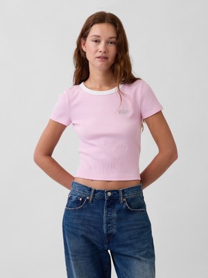 Gap Kadın Açık Pembe Ribbed Gap Logo Baby Crop T-Shirt