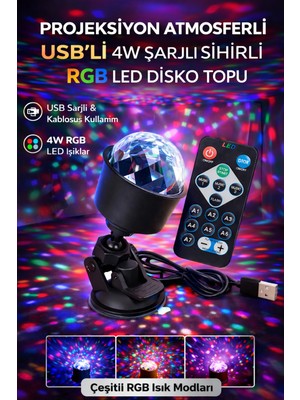 Ecuy Rgb LED Disko Topu USB Şarjlı Projeksiyon Işığı 360° Döner Renkli Parti Atmosfer Lambası