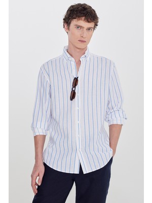 Altınyıldız Classics Pamuklu Keten Regular Fit Normal Kesim Klasik Yaka Çizgili Gömlek