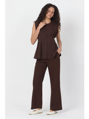 Diemmood Kadın Pilise Detaylı Kahverengi Yelek Pantolon Takım