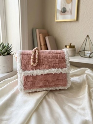 Lumea Mama Kadife Örgü Peluş Detaylı Omuz Çantası - Pudra Pembe El Yapımı Çanta🌸