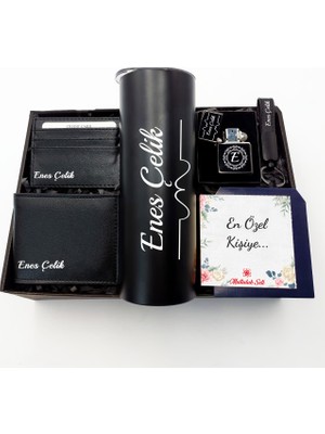 As Gift Kişiye Özel Siyah Termos & Cüzdan & Kartlık & Anahtarlık & Zippo Tarzı Çakmak Hediye Seti