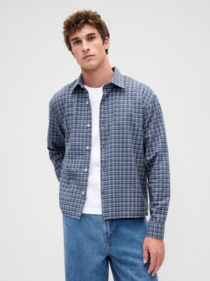 Gap Erkek Mavi Relaxed Crop Straight-Hem Oxford Gömlek