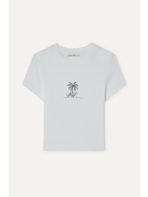 Mudo Kadın Kırık Beyaz Baskılı Fitted Bisiklet Yaka T-Shirt