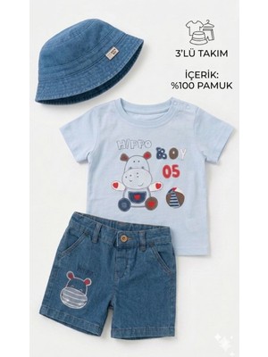 Lika&Nika Lıka.nıka Erkek Bebek 3'lü Yazlık Takım - %100 Pamuklu Tişört, Lastik Belli Denim Şort ve Şapka