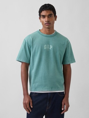 Gap Erkek Yeşil Heavyweight Relaxed 1969 Logo Crop T-Shirt