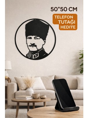 Madam Gold Mustafa Kemal Atatürk Dekoratif Siyah Metal Tablo 50X50 cm Metal Telefon Tutacağı Hediyeli