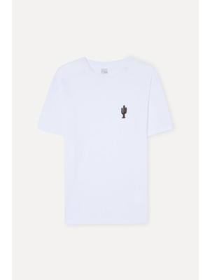 Mudo Erkek Beyaz Baskılı Oversize Bisiklet Yaka T-Shirt