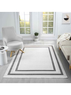 Pera Halı Beyaz Gri Dikdörtgen Bordürlü Modern Halı - NG5113AV