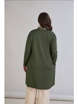 Wear On Collection Büyük Beden Haki Gömlek Yaka Parlak Detaylı Uzun Tunik